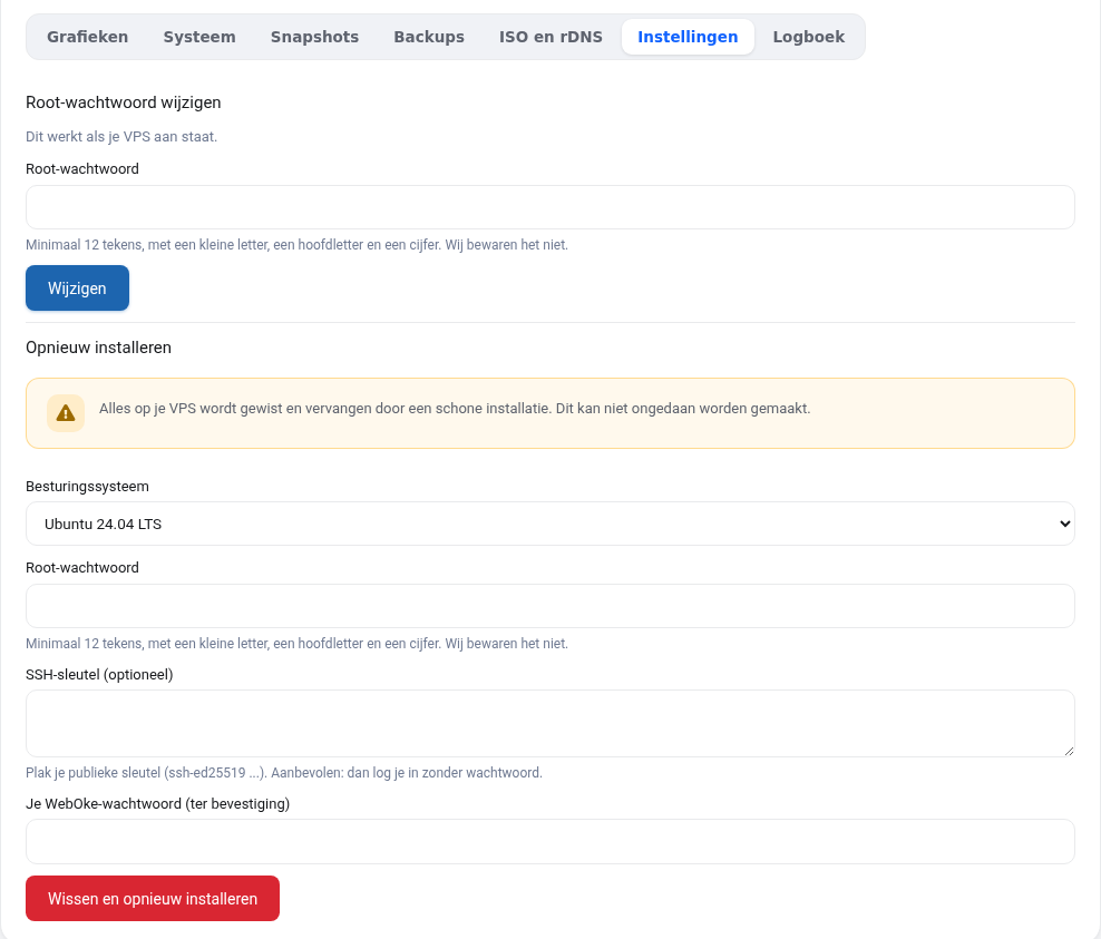 Vahekaart Seaded root-parooli muutmise ja uuesti paigaldamisega