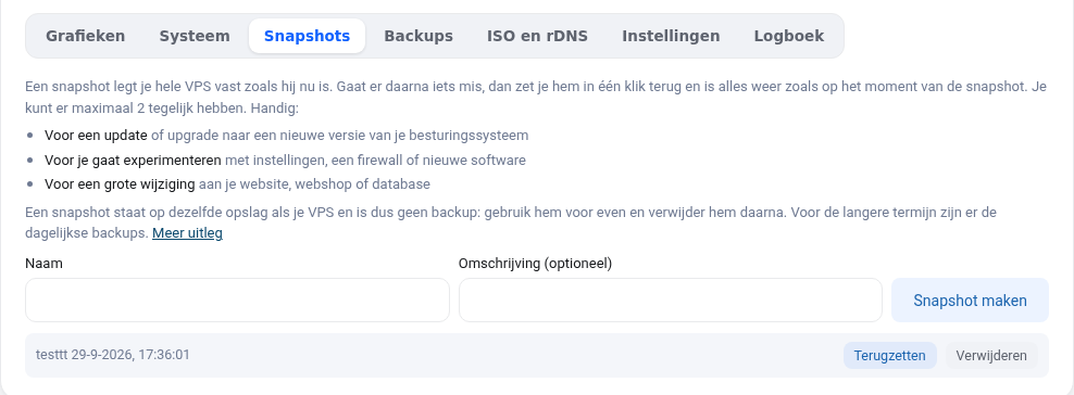 Vahekaart Hetktõmmised VPS-i aknas